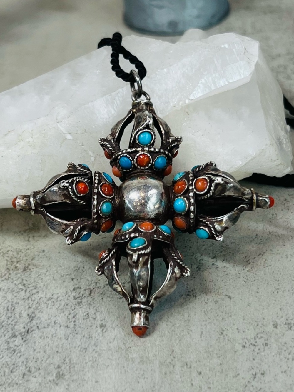 Vintage Vishwa Vajra Locket Sterling Silver with Gemstone Pendant